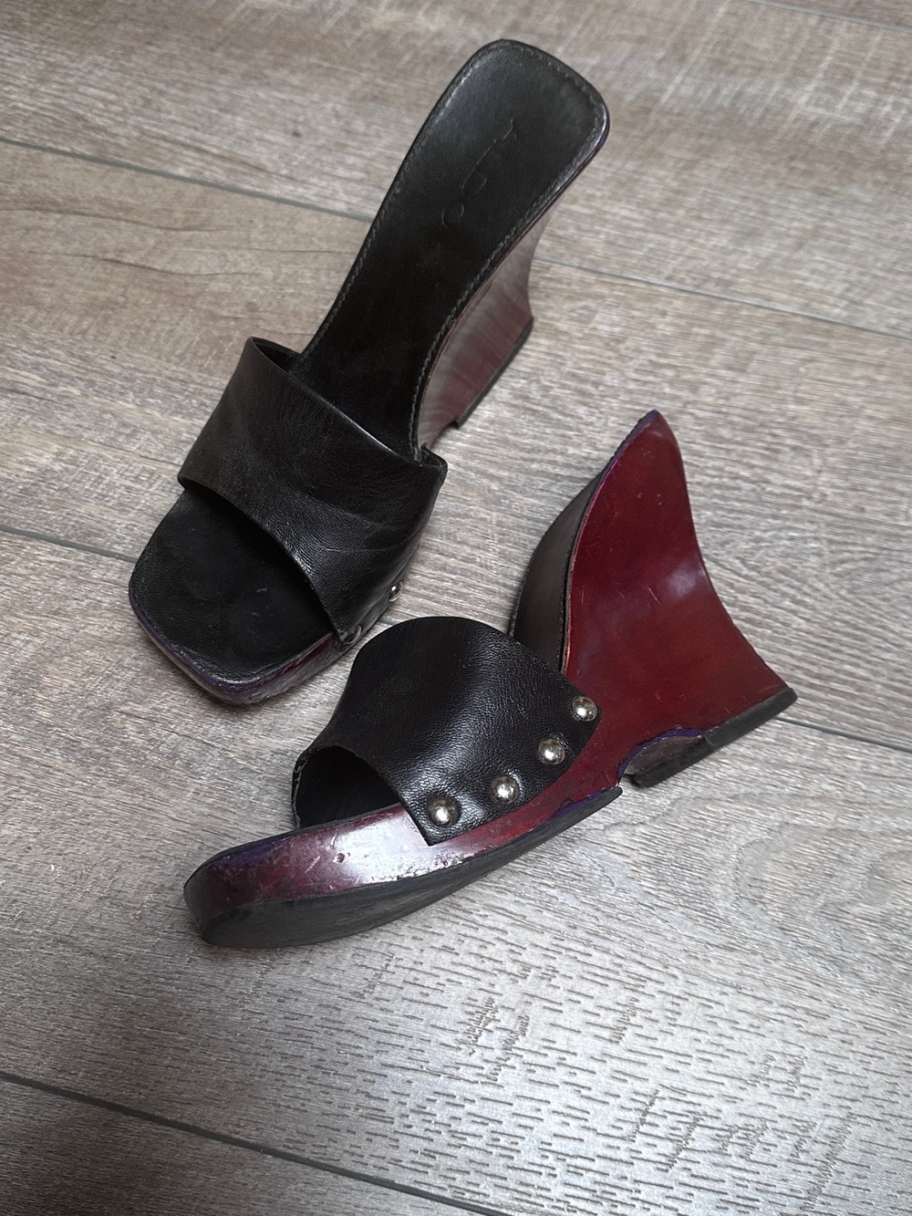 Aldo’s Black Leather Wedge Slide Heels with Stud Detail